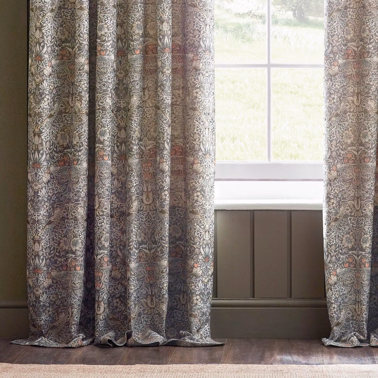 Morris & Co. Strawberry Thief Jacquard Floral Pencil Pleat Room Darkening Curtains, Beige, Width: 229 cm, Drop: 183 cm – 4