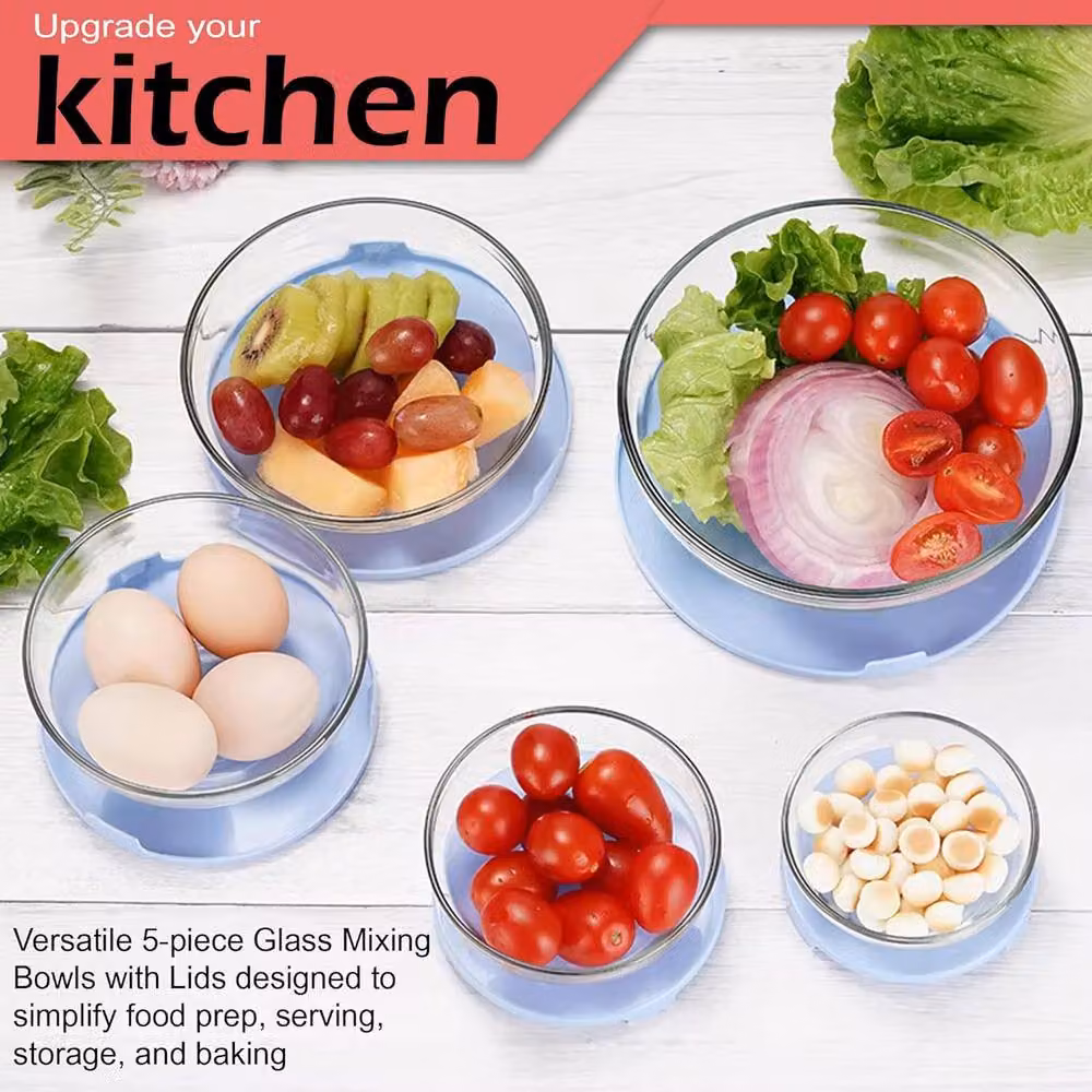 ATEK 5 Piece Airtight Glass Food Storage Container and Mixing Bowl Set with Lids, Stackable and Nestable, Multicolour and Transparent – 4