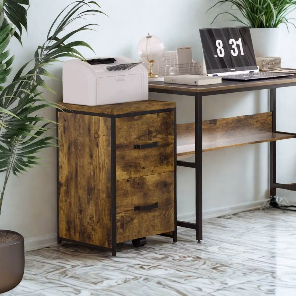 FURNOS Industrial 2 Drawer Portable Rolling Filing Cabinet in Brown, W/D/H: 41.5 x 41.5 x 69.5 cm – 4