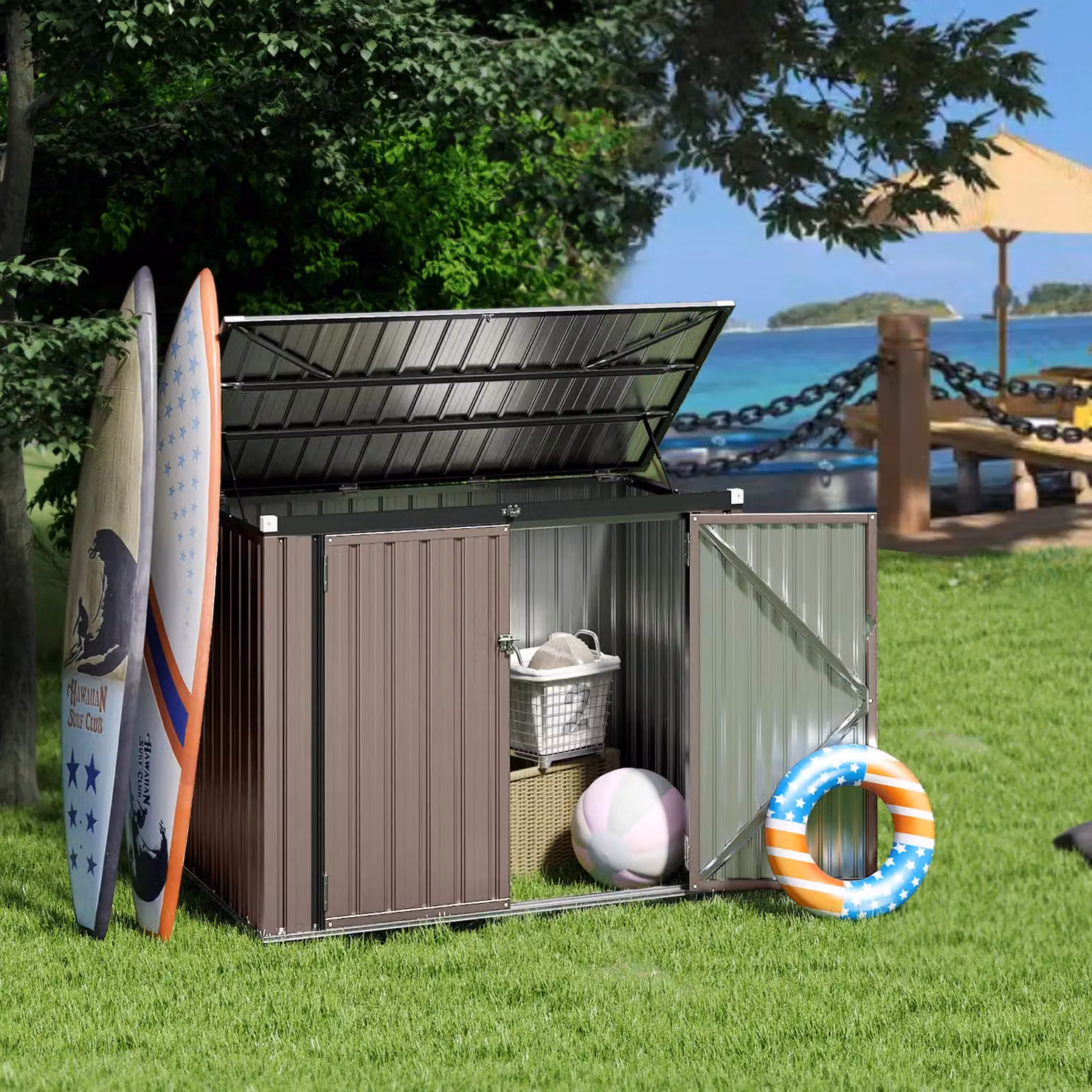 Gymax Metal Bin Store Storage Shed with Double Openings, Light Grey, W: 95 cm, D: 172 cm, H: 130 cm – 8