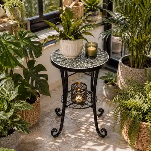 SHATCHI Multicolour Mosaic Round Side Table and Plant Stand with Ceramic Tile Top and Metal Shelf, Diameter: 35 cm – 8