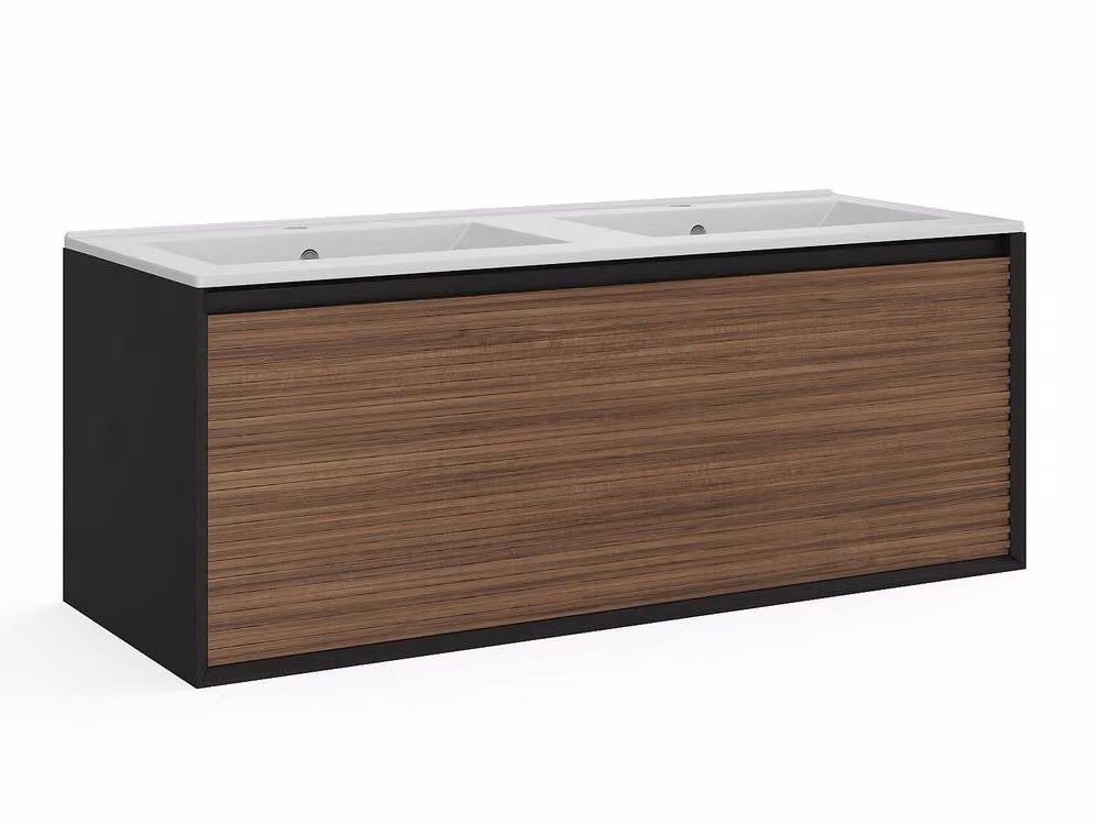 Vente-unique Wall-Hung Ribbed Bathroom Vanity Unit with Inset Ceramic Basin, Dark Natural in Black, W/D/H: 120 x 45.8 x 45 cm – 2