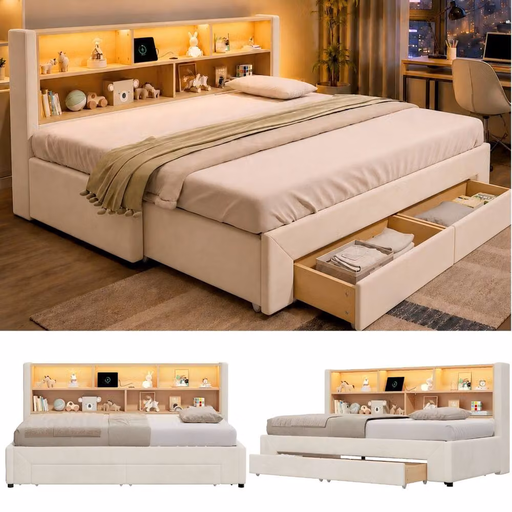 ModernLuxe Beige Velvet Upholstered Daybed with Pull Out Guest Bed, LED Storage Headboard and 2 Drawers, W/D/H: 191 x 90 x 82.5 cm – 3