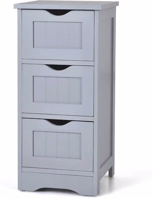KORVIXA Grey Wood Bathroom Floor Cabinet with 3 Drawers, W: 70 cm, H: 75 cm – 1