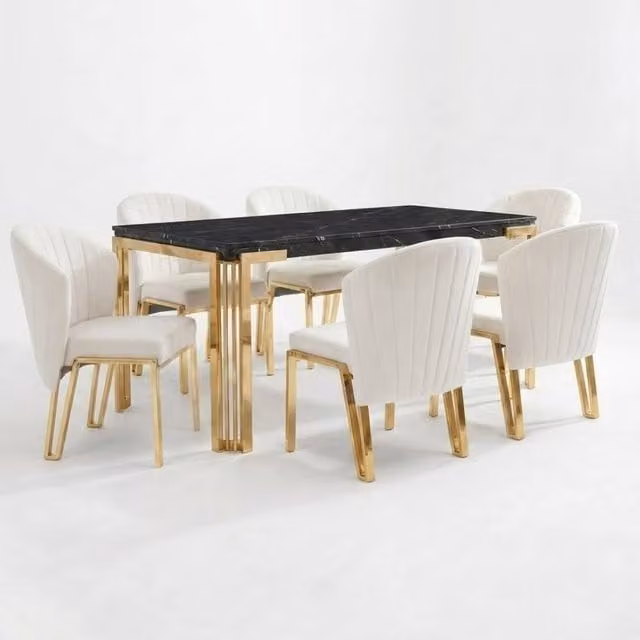 Home Luxe Interior Sorrento 180cm Black Marble Dining Table with Gold Legs and 6 Fabio Beige Chairs