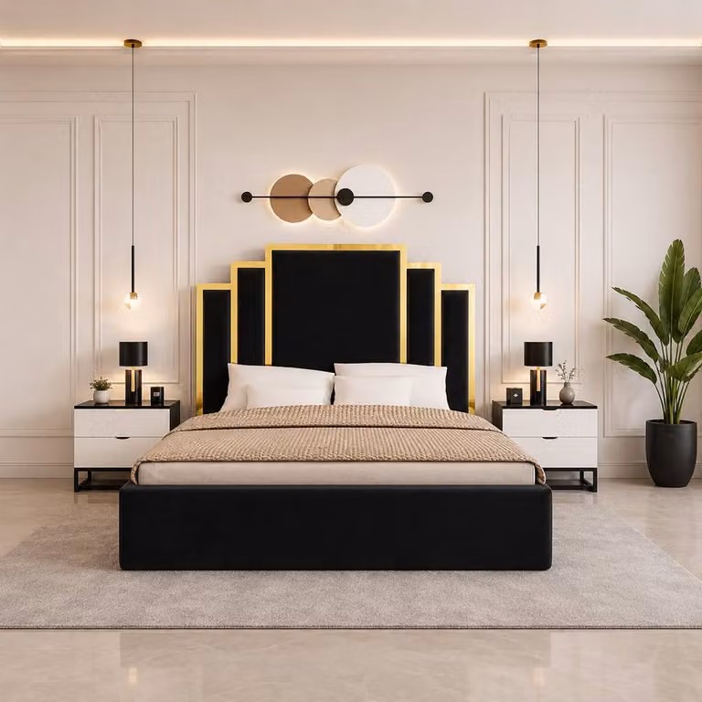 Soft Snooze Beds Luxury Gold Trim Upholstered Ottoman Bed with Tufted Headboard in Beige Velvet, Size: Double (140 x 200 cm)