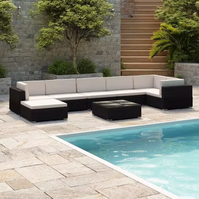Berkfield Home 8 Piece Black Poly Rattan Garden Lounge Set with Cushions and Ottoman