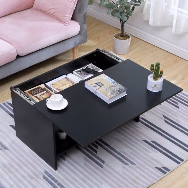 HMD Black Sliding Top Coffee Table with Storage Shelf in Matt Black Composite