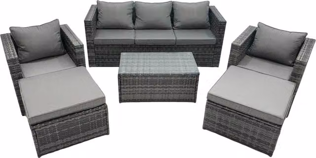 Fimous 7-Seater Patio Furniture Set in Grey with Outdoor Coffee Table, 3-Seater Sofa, Lounge Armchairs and Ottomans – 1