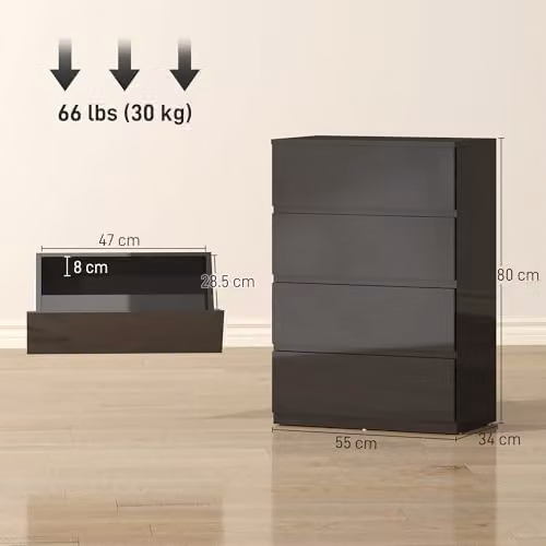 HOMCOM 4 Drawer High Gloss Black Chest of Drawers for Bedroom or Living Room – 3