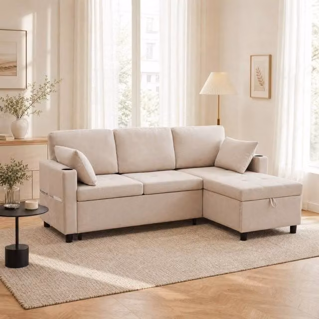 STILVORA L-Shape Sofa Bed in Beige with Storage, Cup Holders and Pockets, W/D/H: 212.0 x 140 x 87.5 cm