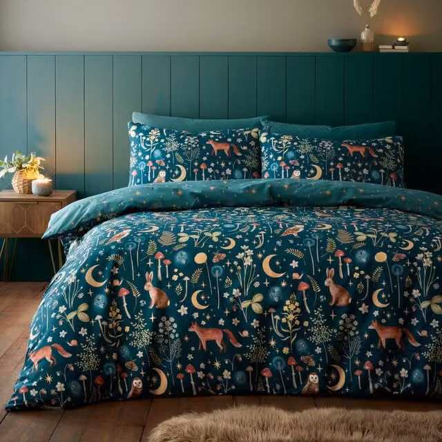 Catherine Lansfield Enchanted Twilight Animals Reversible Duvet Cover and Pillowcase Set, Green, W/D/H: 180 x 200 cm, Pillowcase: 50 x 75 cm – 1