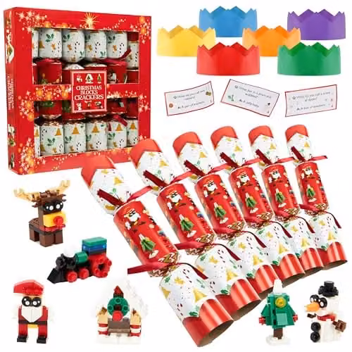 KreativeKraft Luxury Pop Christmas Crackers, Pack of 6 Red and Multicolour Novelty Xmas Crackers with Blocks
