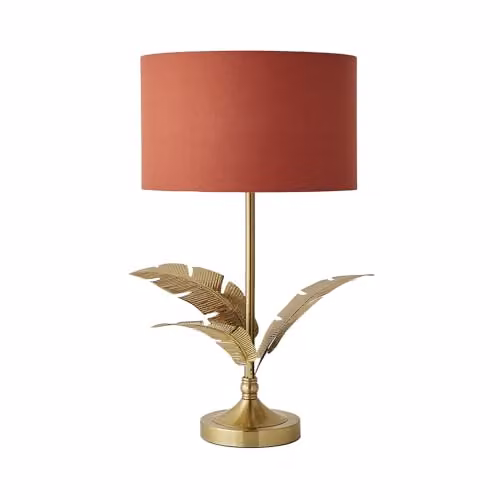 ValueLights Christina Single Stem Table Lamp with Red Drum Shade and Gold Palm Leaf Pattern, LED Bulb Included – 1