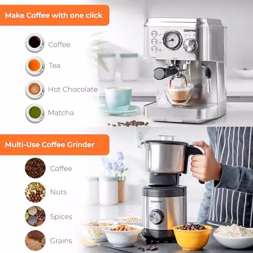 Geepas Espresso and Cappuccino Coffee Machine with Integrated 450W Coffee Grinder Set in Silver and Black – 3