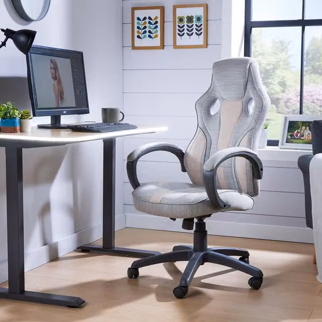 X Rocker Maverick Fabric Height Adjustable Childrens Gaming Chair in Grey and Pink