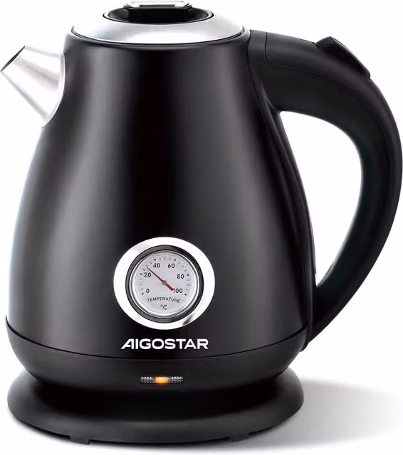 Aigostar Retro Electric Kettle with Temperature Gauge, Black, 1.7 l
