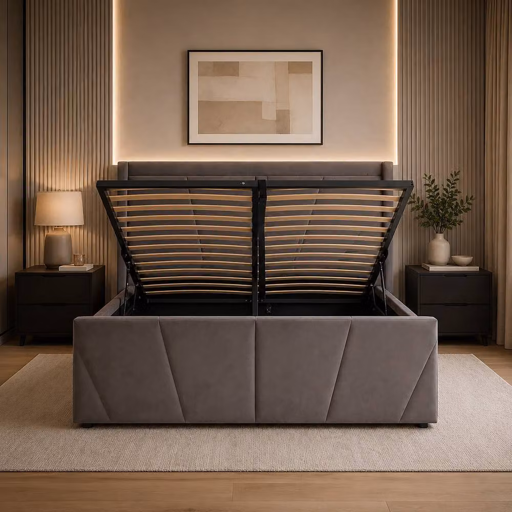 Harmin Luxury 4ft6 Double Ottoman Winged Bed in Dark Grey Plush Velvet with Lift Up Base, W/D/H: 140 x 200 x 126.5 cm – 3
