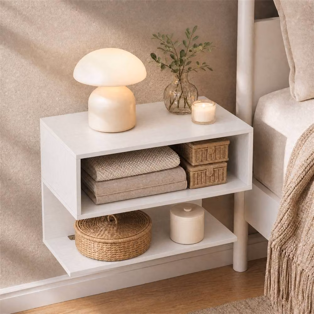 Gymax White Wall Mounted Floating Nightstand with Storage Shelves – 3
