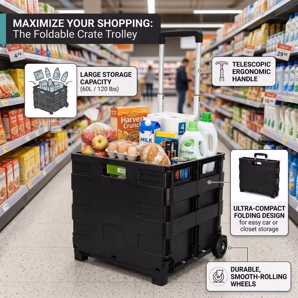 Havendro Folding Shopping Cart Crate Trolley with Wheels in Black – 3