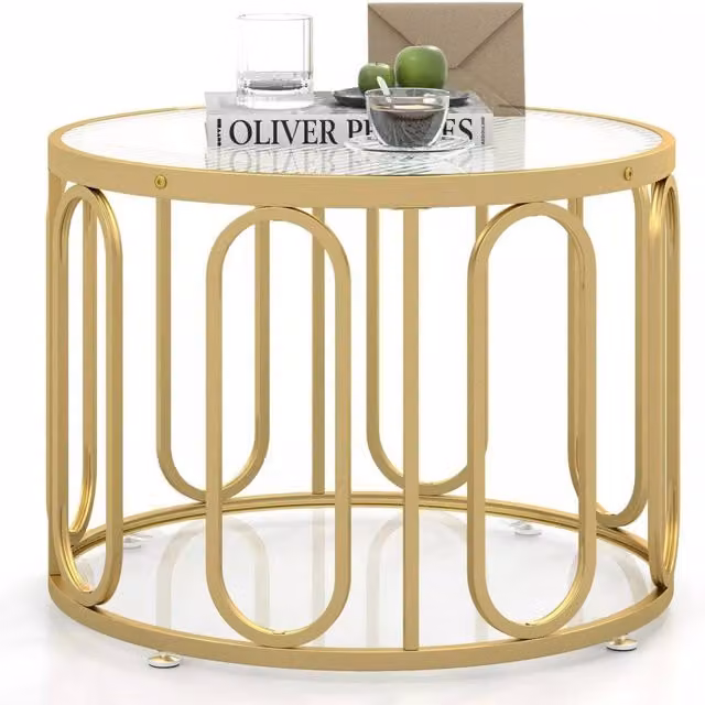 Costway Modern 2-Tier Round Glass and Metal Coffee Table in Gold, Diameter: 60 cm, Height: 45 cm