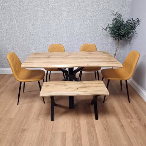 KOSY KOALA Modern Dining Set with Rectangular Table, 4 Yellow Gem Pattern Faux Leather Chairs and 1 Bench – 1