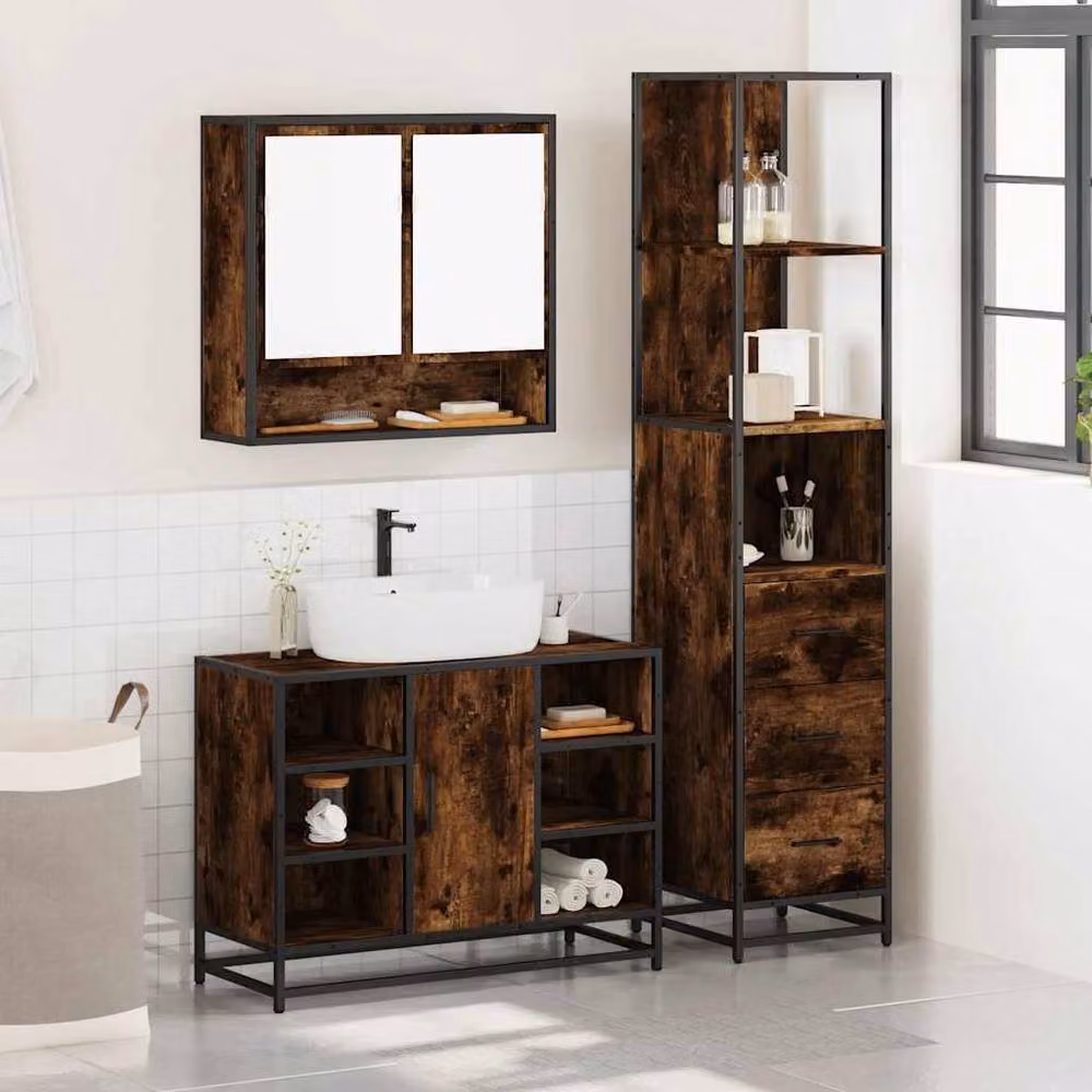 Berkfield Home 3-Piece Industrial Bathroom Furniture Set in Smoked Oak and Brown – 2