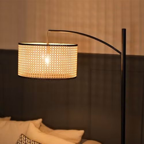 ValueLights Black Metal Curve Stem Floor Lamp with Natural Cane Rattan Shade, H 157.5 x W 35 x D 35 cm – 3