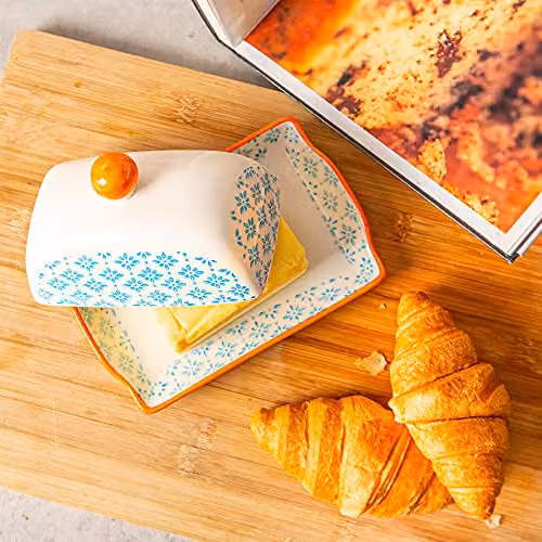 Nicola Spring Hand Printed Blue Floral Stoneware Butter Dish with Lid W: 18.5 cm, D: 12 cm – 2