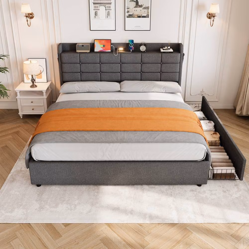 Matteo Upholstered Bed Frame in Grey with Lift Up Base, USB Charging Port and Integrated Reading Light, W/D/H: 150 x 200 cm – 5