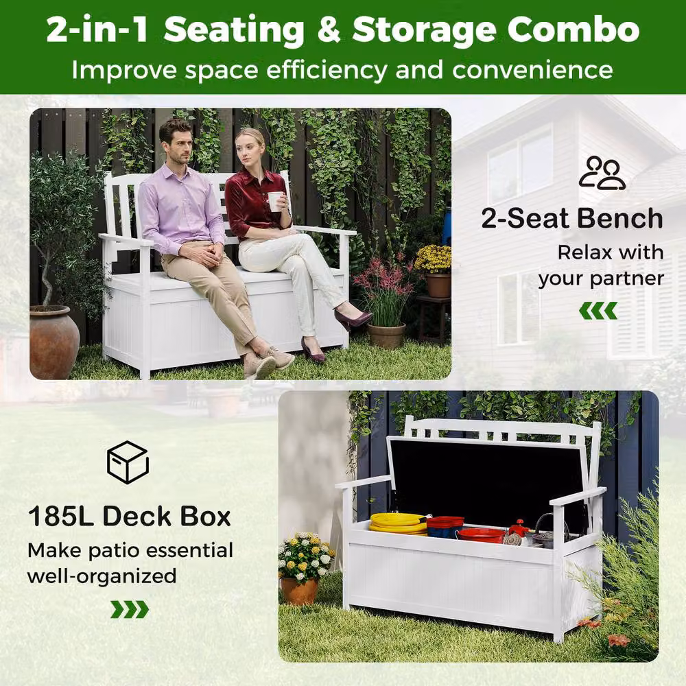 Gymax Solid Wood Patio Bench Storage Loveseat with Backrest in White – 2