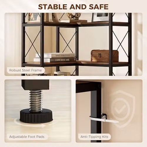 HOMCOM 6-Tier Industrial Corner Bookshelf, L-Shaped Freestanding Unit in Brown, W/D/H: 60 x 60 x 200 cm – 4