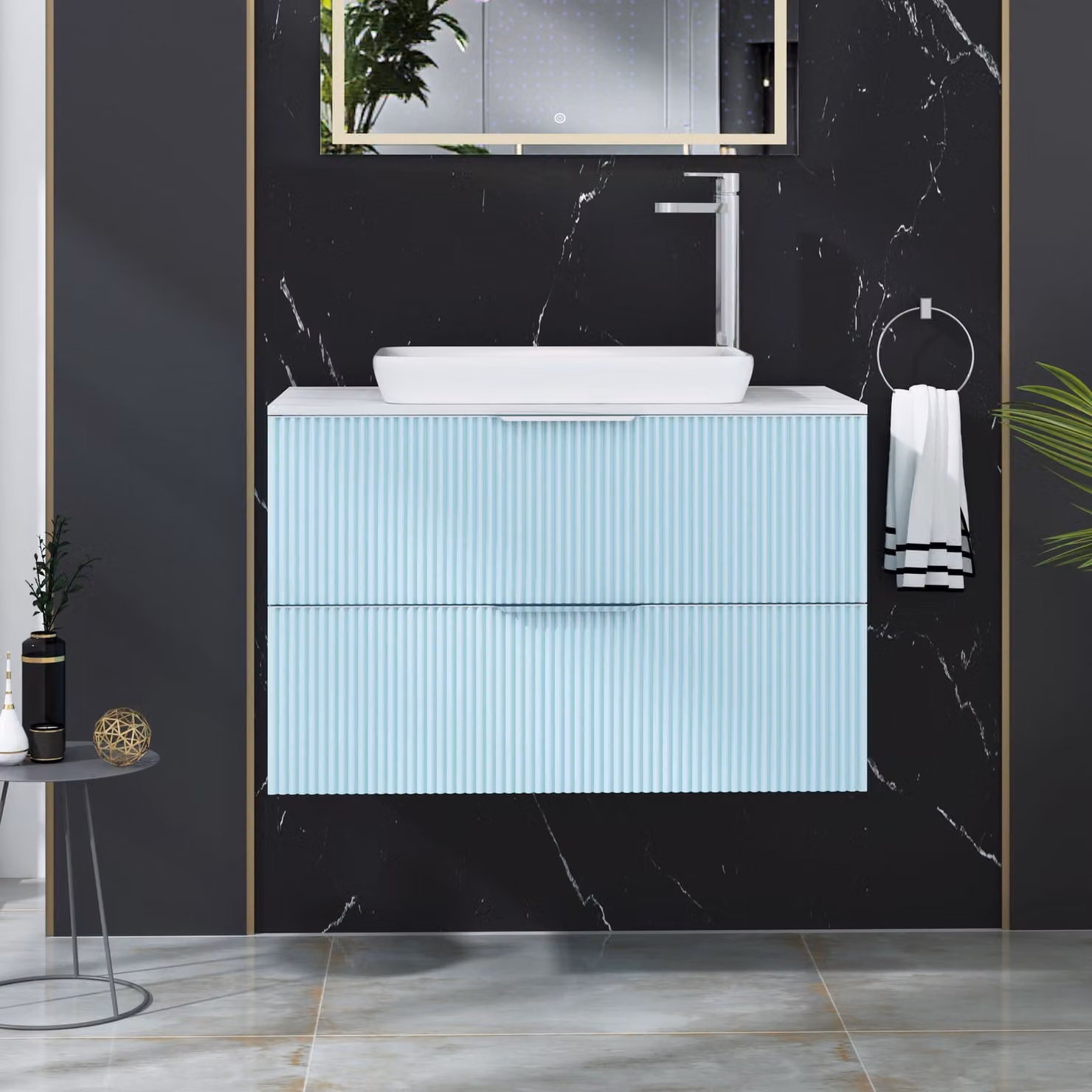 Royal Bathrooms Evora 800mm Powder Blue Fluted Wall Hung Vanity Unit with 2 Drawers and Qubix Basin