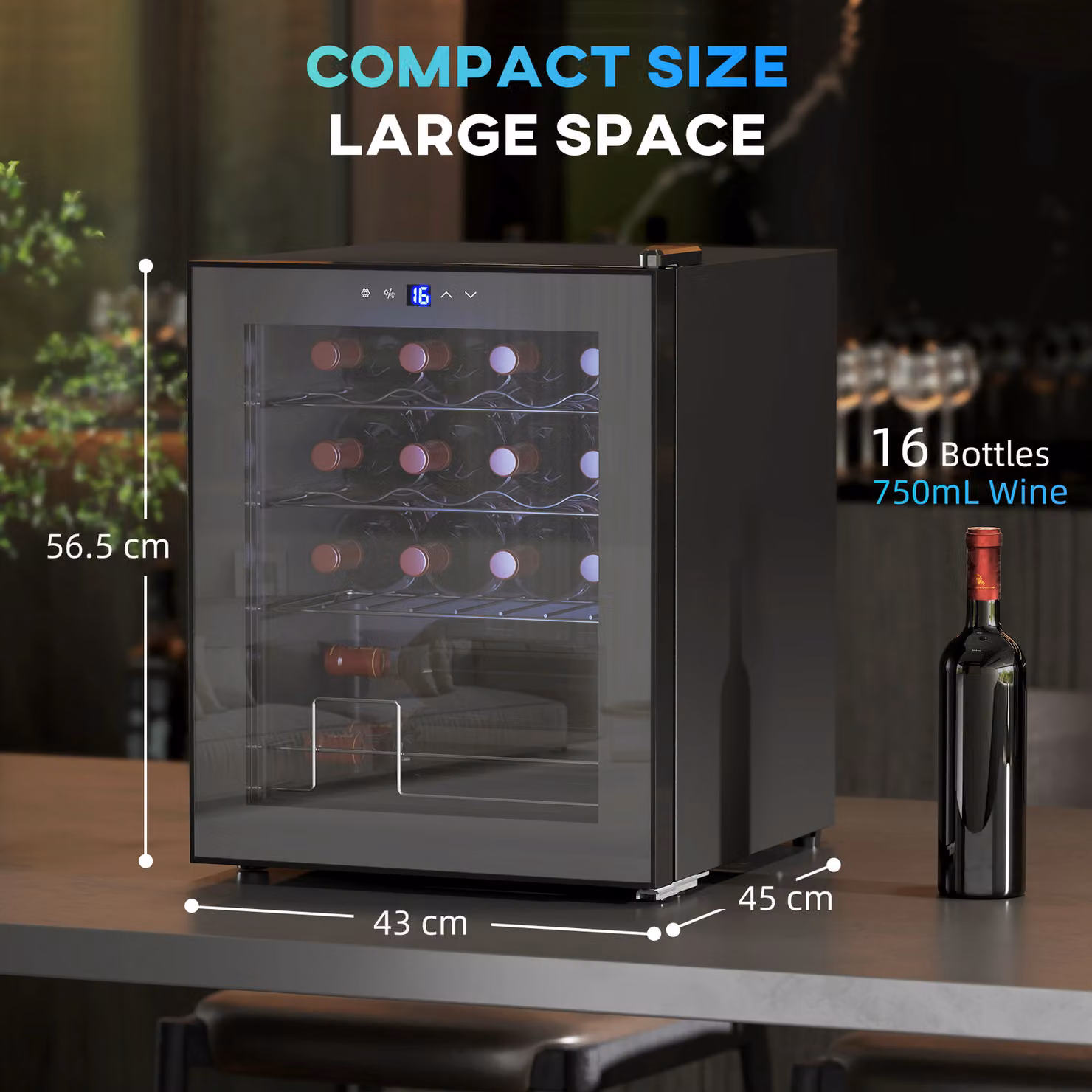 HOMCOM 42L 16-Bottle Compressor Wine Cooler Fridge with LED Interior Light, Black – 3
