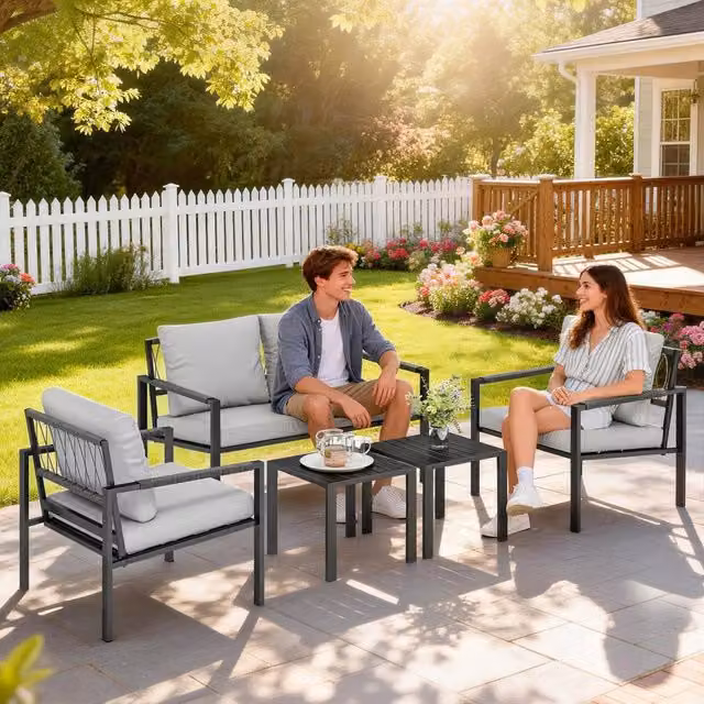 OUTSUNNY 5 Piece Metal Garden Furniture Set with Upholstered Cushions in Grey – 1