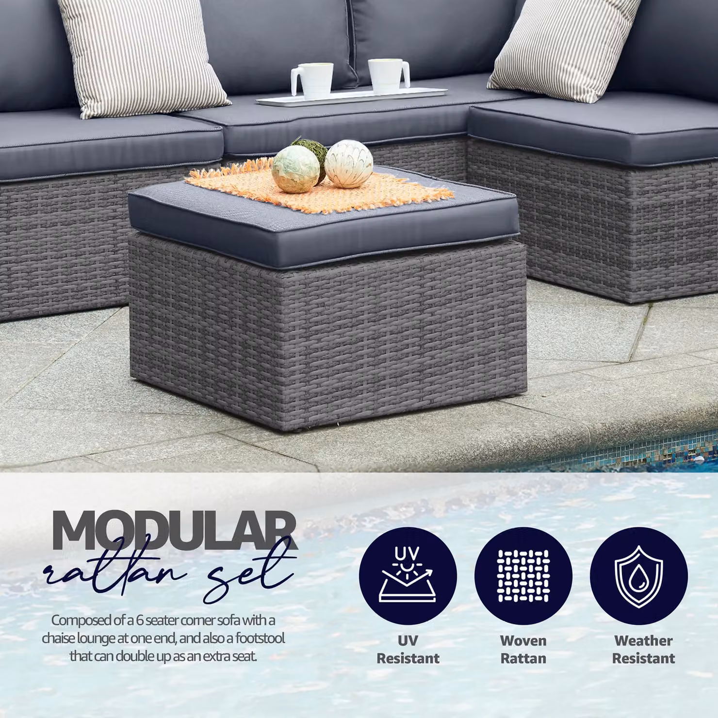 Bravich LTD 6 Seater Grey Rattan Corner Sofa and Footstool Garden Furniture Set – 4