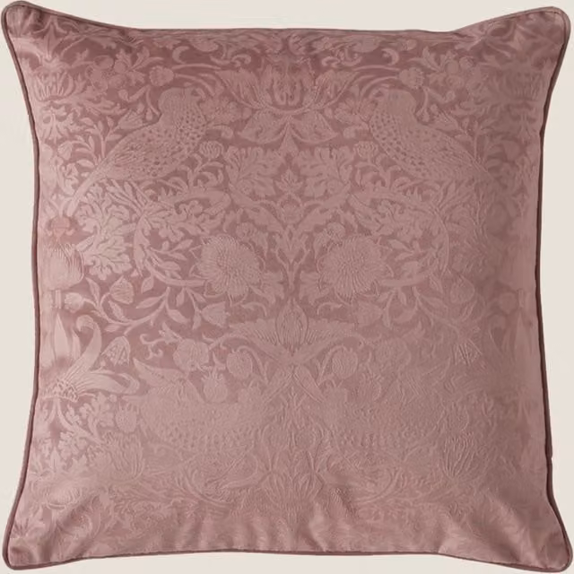 William Morris At Home Strawberry Thief Velvet Cushion in Rose Pink