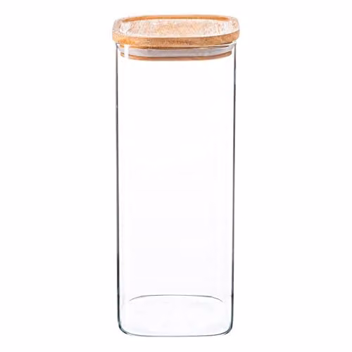 Argon Tableware Square Glass Storage Jar with Airtight Wooden Lid, 1.9 l, Transparent – 1