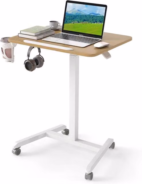 FORGEVIO Height Adjustable Foldable Mobile Sit Stand Desk in Sand and White – 1