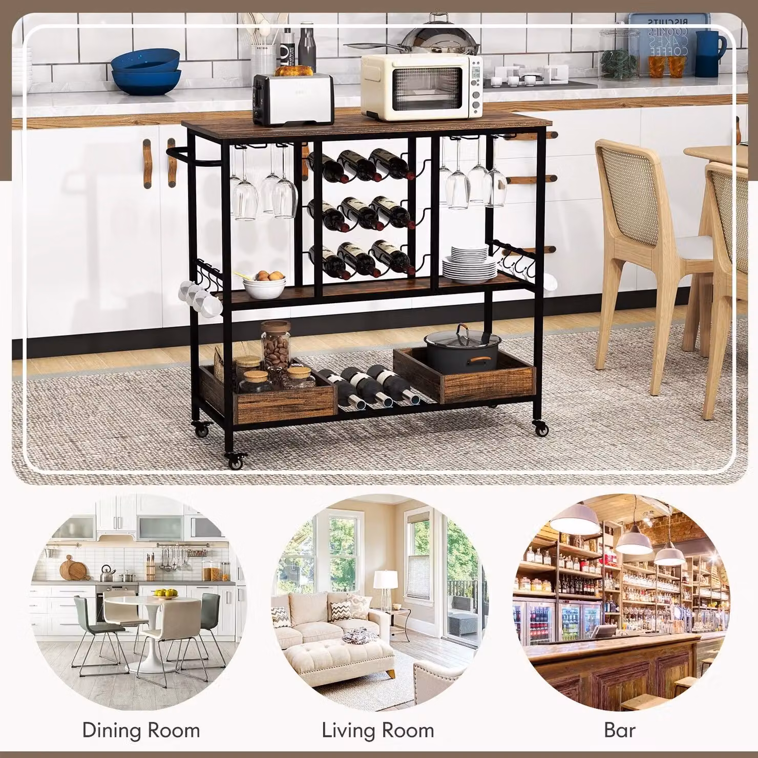 Costway 3 Tier Kitchen Bar Cart with Glass Racks in Brown – 6