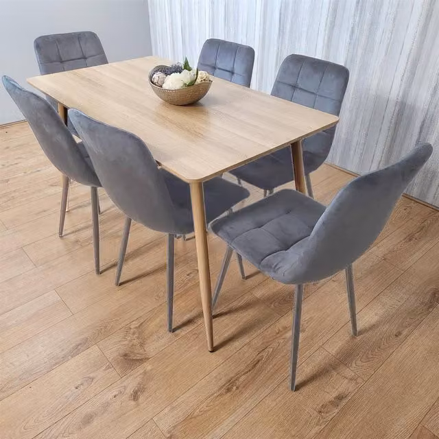 KOSY KOALA Modern Dining Table and 7 Chairs Set in Beige Oak and Brown Velvet with Metal Legs