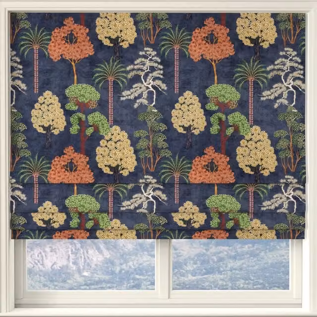 Linda Barker Bonsai Garden Blue Velvet Floral Made to Measure Roman Blind