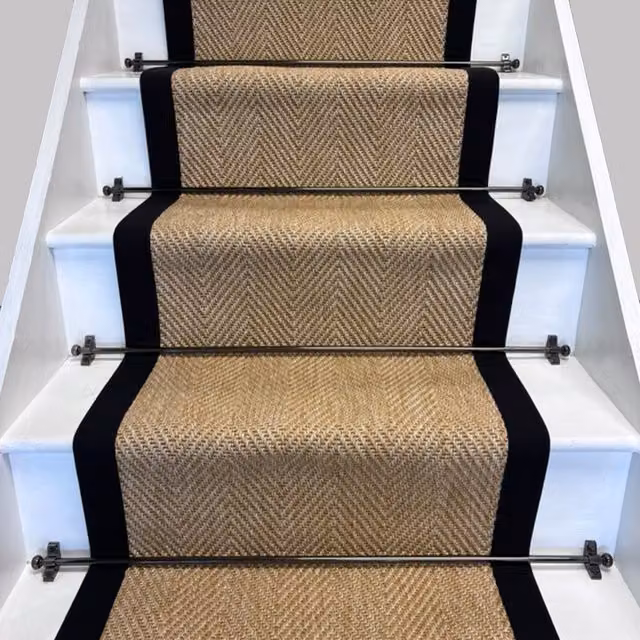 RainbowHome New England Herringbone Stair Runner in Beige with Black Cotton Border, W: 65 cm x L: 700 cm – 1