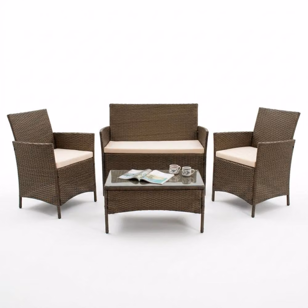 Comfy Living Ltd 4-Piece Brown Polyrattan Garden Patio Furniture Set with Cream Upholstered Cushions and Waterproof Cover – 1
