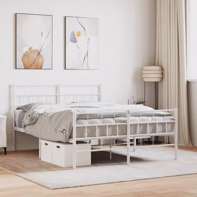 Berkfield Home Metal Bed Frame with Headboard and Footboard, White, W: 140 cm, L: 200 cm – 1