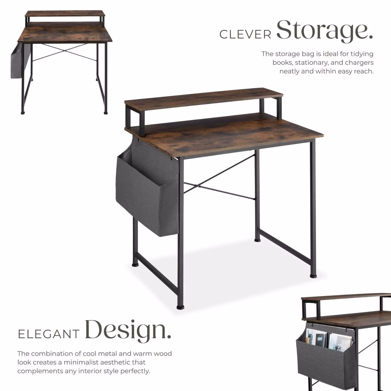 tectake Computer Desk with Shelving and Fabric Storage Bag in Brown and Black – 3