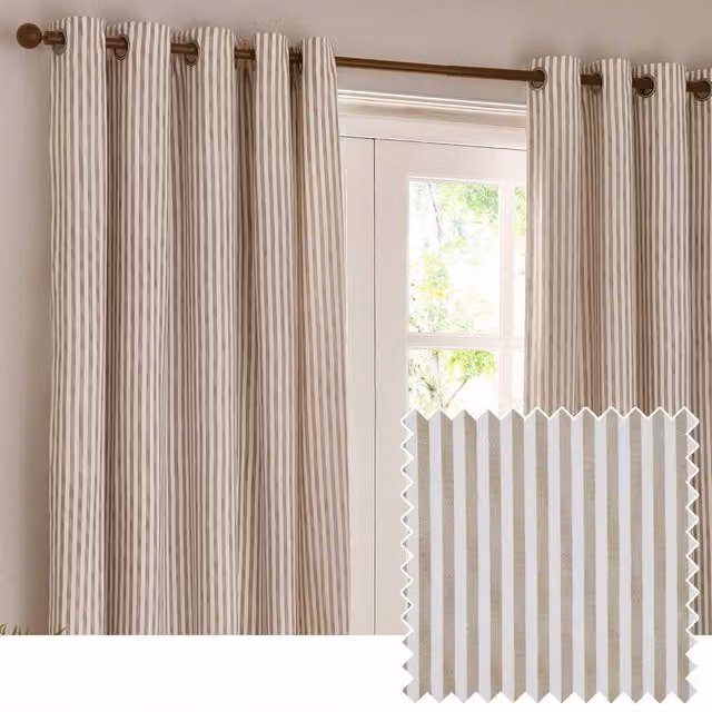 Yard Hebden Striped 100% Cotton Lined Eyelet Curtain Pair in Beige, Width: 168 cm, Drop: 229 cm