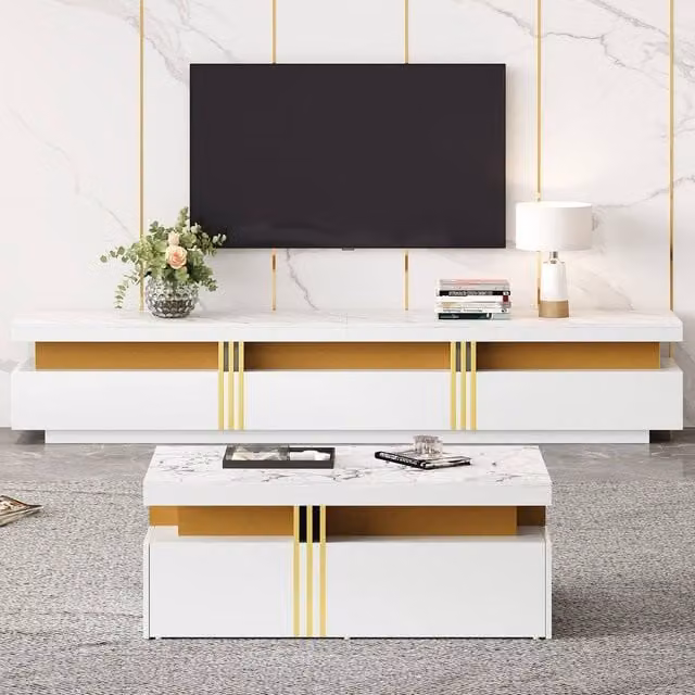 Merax 2-Piece White Glossy Wood Living Room Furniture Set with TV Stand and Coffee Table
