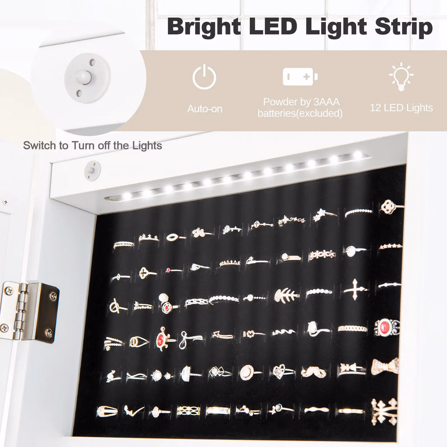 Costway Freestanding Full Length Mirror Jewelry Cabinet with Built-in LED Lighting in White – 4