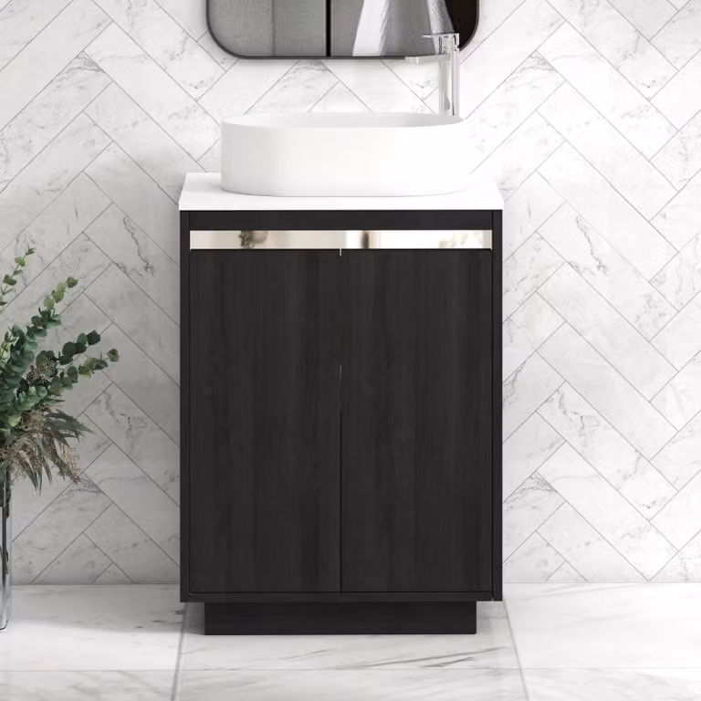 Royal Bathrooms Orion 600mm Hale Black and White Floor Standing 2 Door Vanity Unit with Peak Basin and Chrome Accent Trim